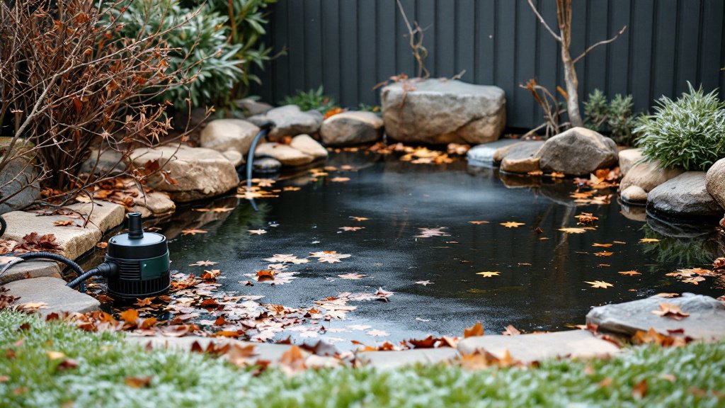 Backyard pond on a cold winter morning with fallen leaves on the water and a submersible pond pump at the edge