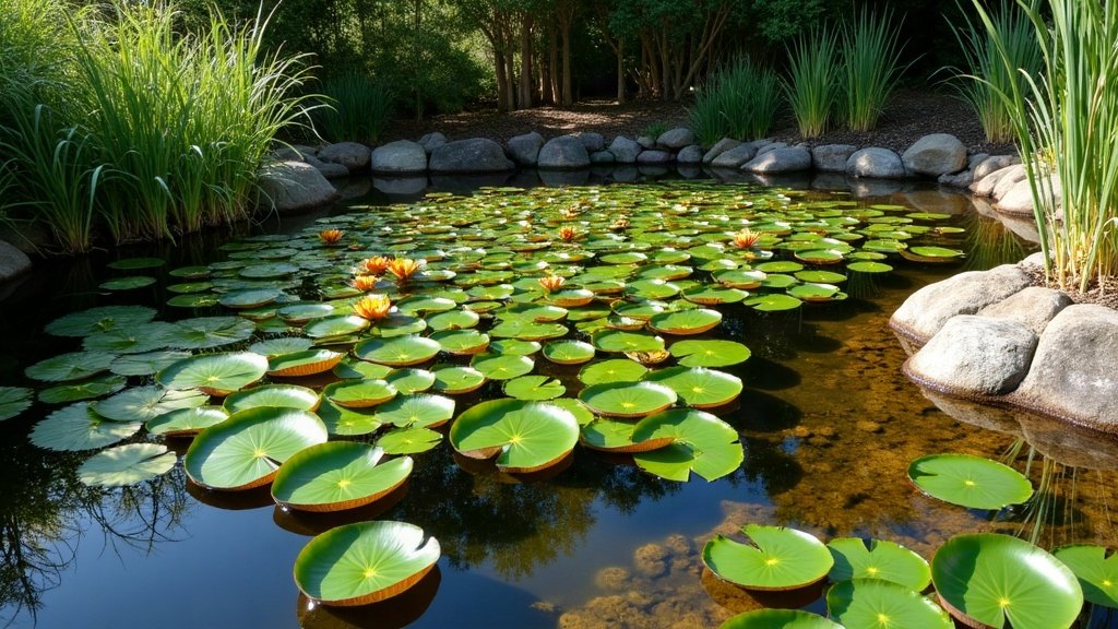 A healthy backyard garden pond in Australia with water lilies, marginal reeds and rock edging, showing a balanced mix of aquatic plants