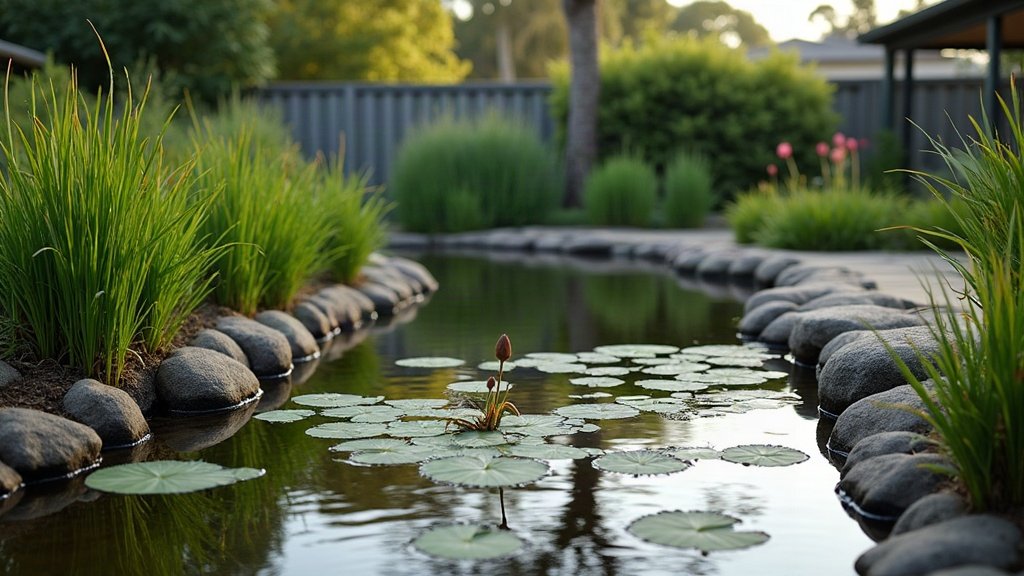 Backyard pond with a planted marginal shelf and rounded stone coping along the water edge in an Australian garden