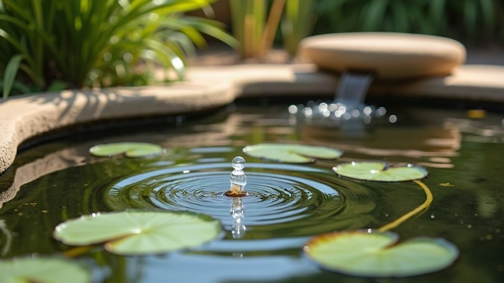 Water bubbling up through the calm surface of a garden pond between lily pads, with a small stone spillway behind